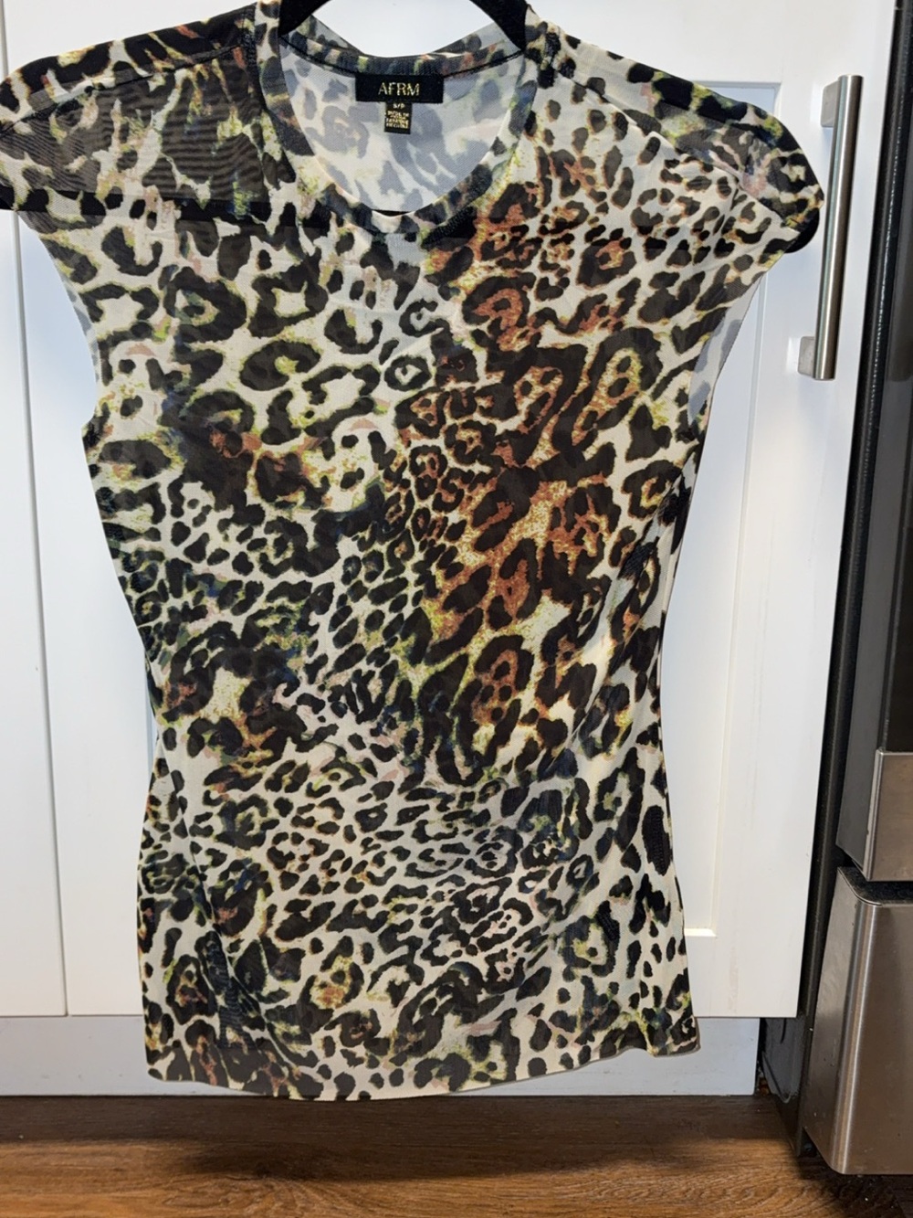 AFRM Multi-Color Leopard-Print Short Sleeve Mesh Top